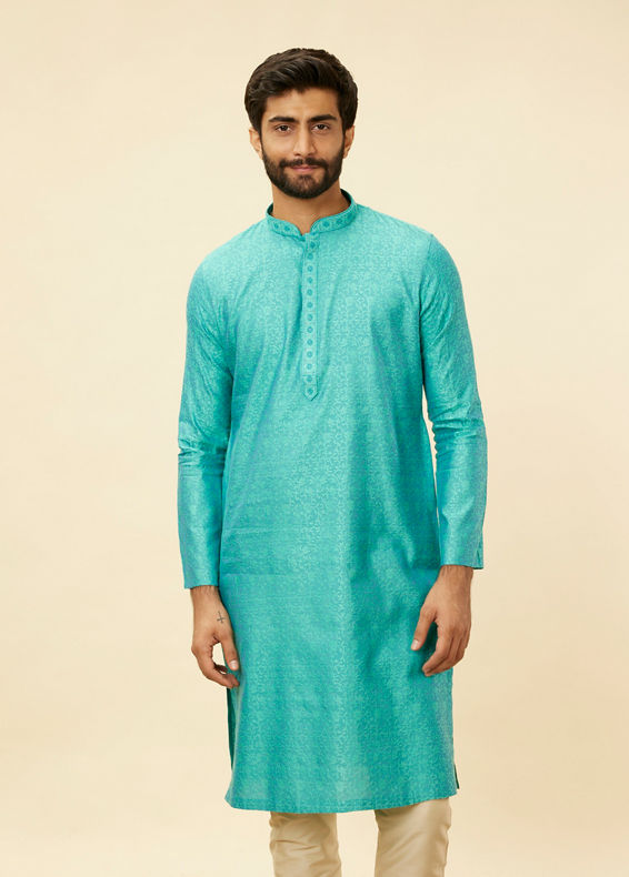 Manyavar Men Tropical Blue Diamond Patterned Kurta Set