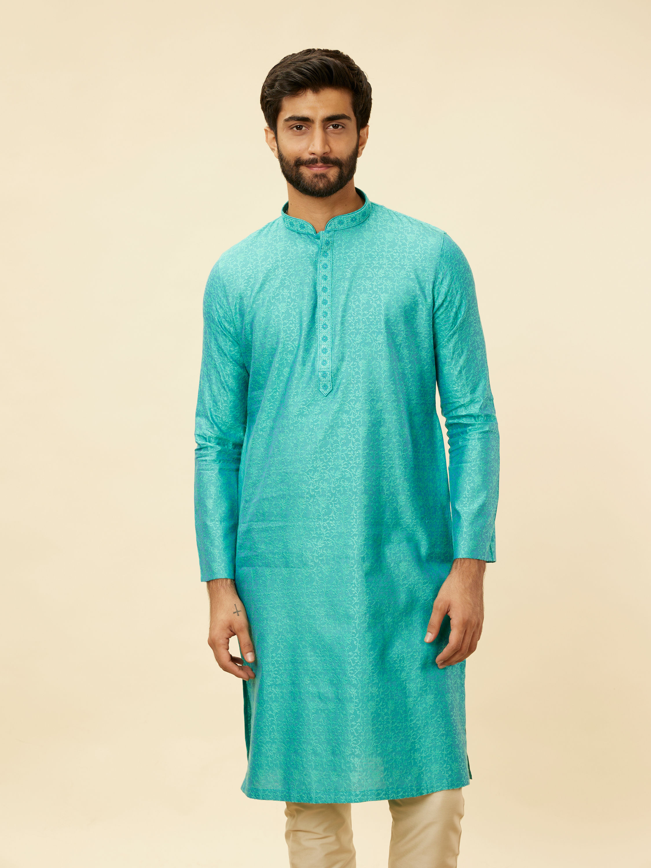 Manyavar Men Tropical Blue Diamond Patterned Kurta Set