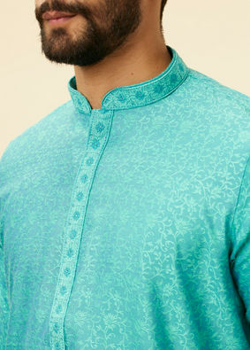 alt message - Manyavar Men Tropical Blue Diamond Patterned Kurta Set image number 1