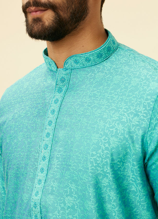 alt message - Manyavar Men Tropical Blue Diamond Patterned Kurta Set image number 1