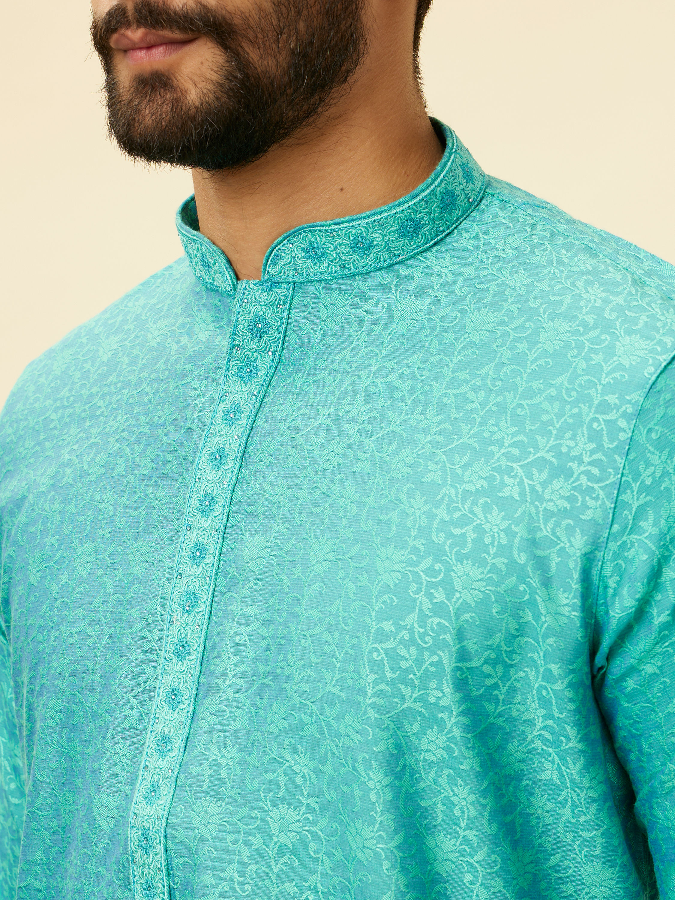 Manyavar Men Tropical Blue Diamond Patterned Kurta Set