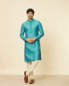 Manyavar Men Turquoise Blue Bel Buti Patterned Kurta Set