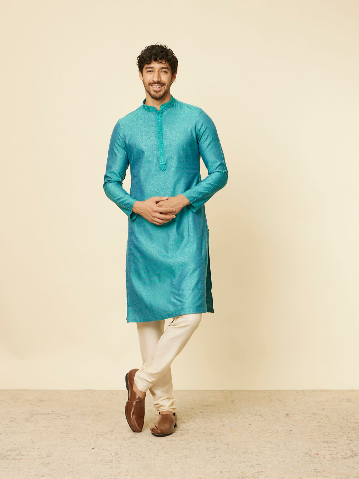 Manyavar Men Turquoise Blue Bel Buti Patterned Kurta Set