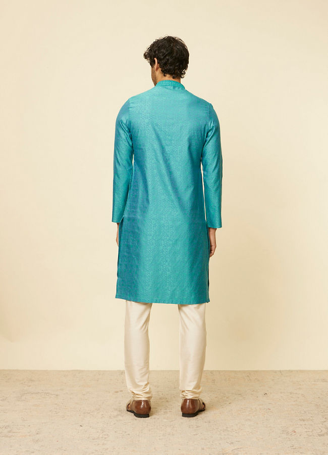 Manyavar Men Turquoise Blue Bel Buti Patterned Kurta Set