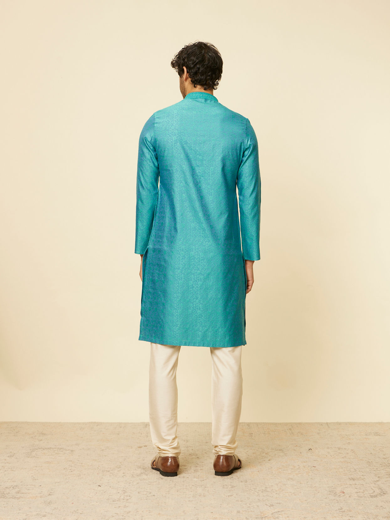 Manyavar Men Turquoise Blue Bel Buti Patterned Kurta Set