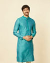 Manyavar Men Turquoise Blue Bel Buti Patterned Kurta Set