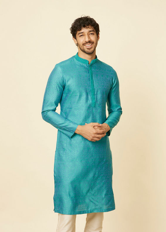 Manyavar Men Turquoise Blue Bel Buti Patterned Kurta Set