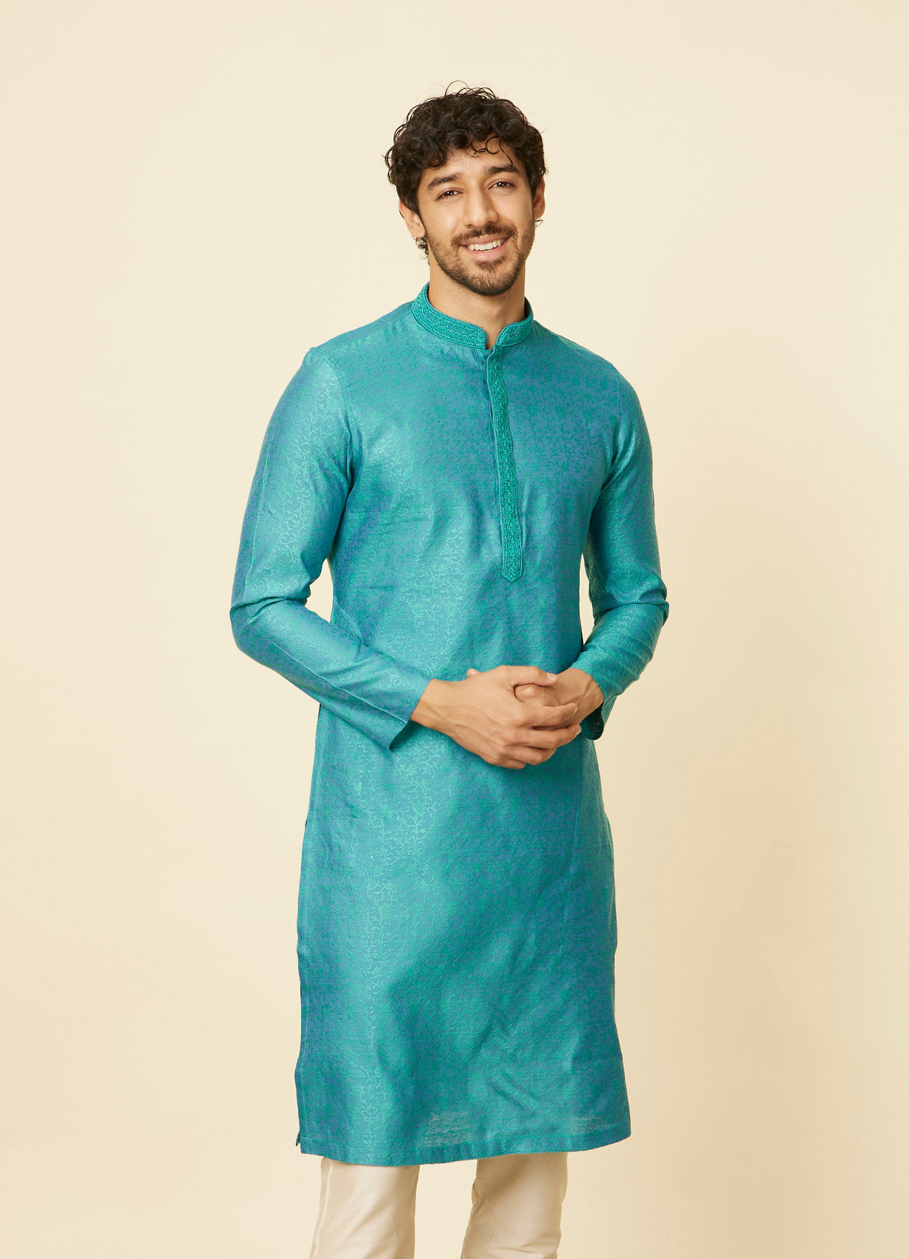 Manyavar Men Turquoise Blue Bel Buti Patterned Kurta Set