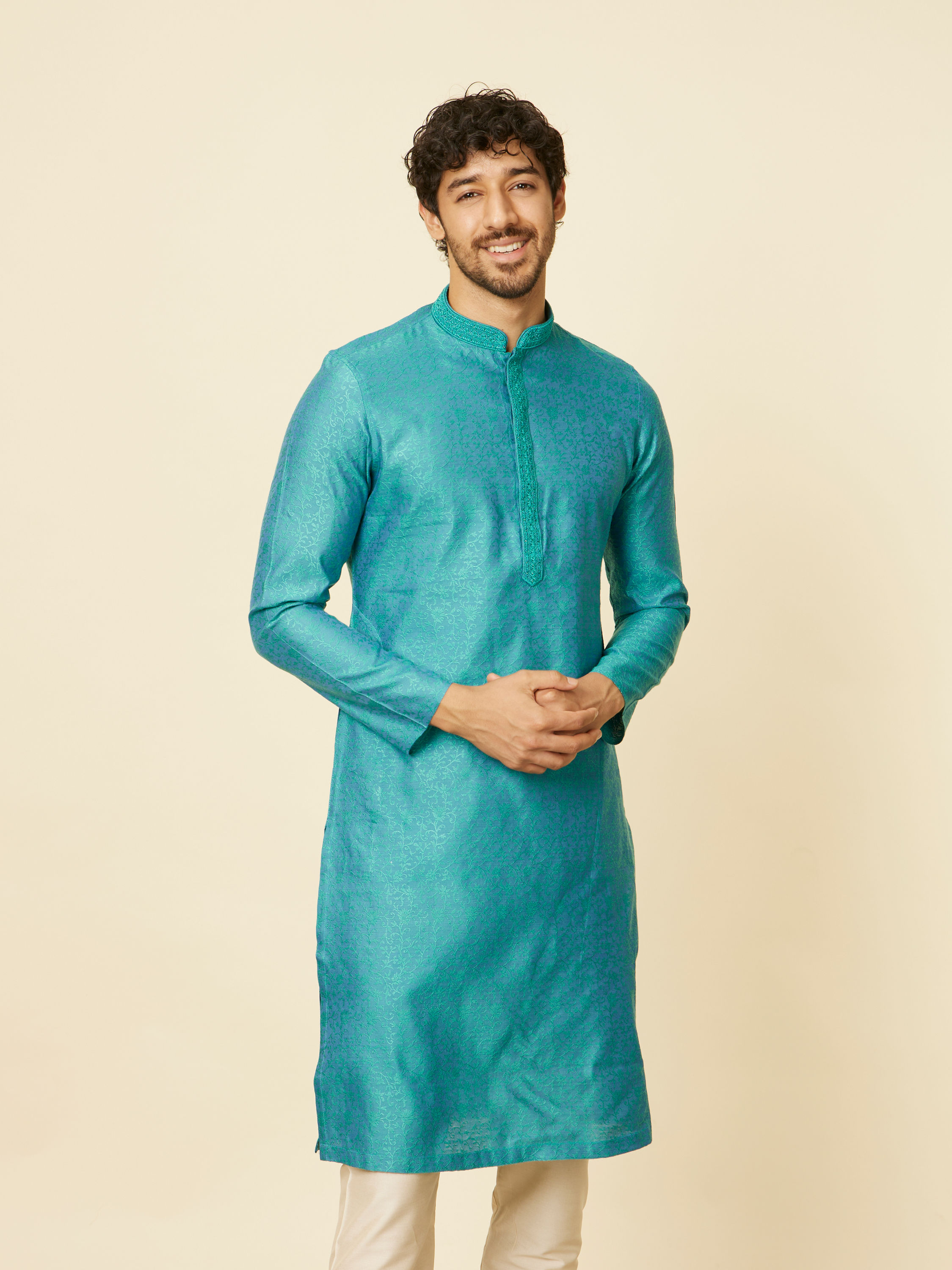 Manyavar Men Turquoise Blue Bel Buti Patterned Kurta Set