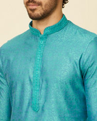 Manyavar Men Turquoise Blue Bel Buti Patterned Kurta Set