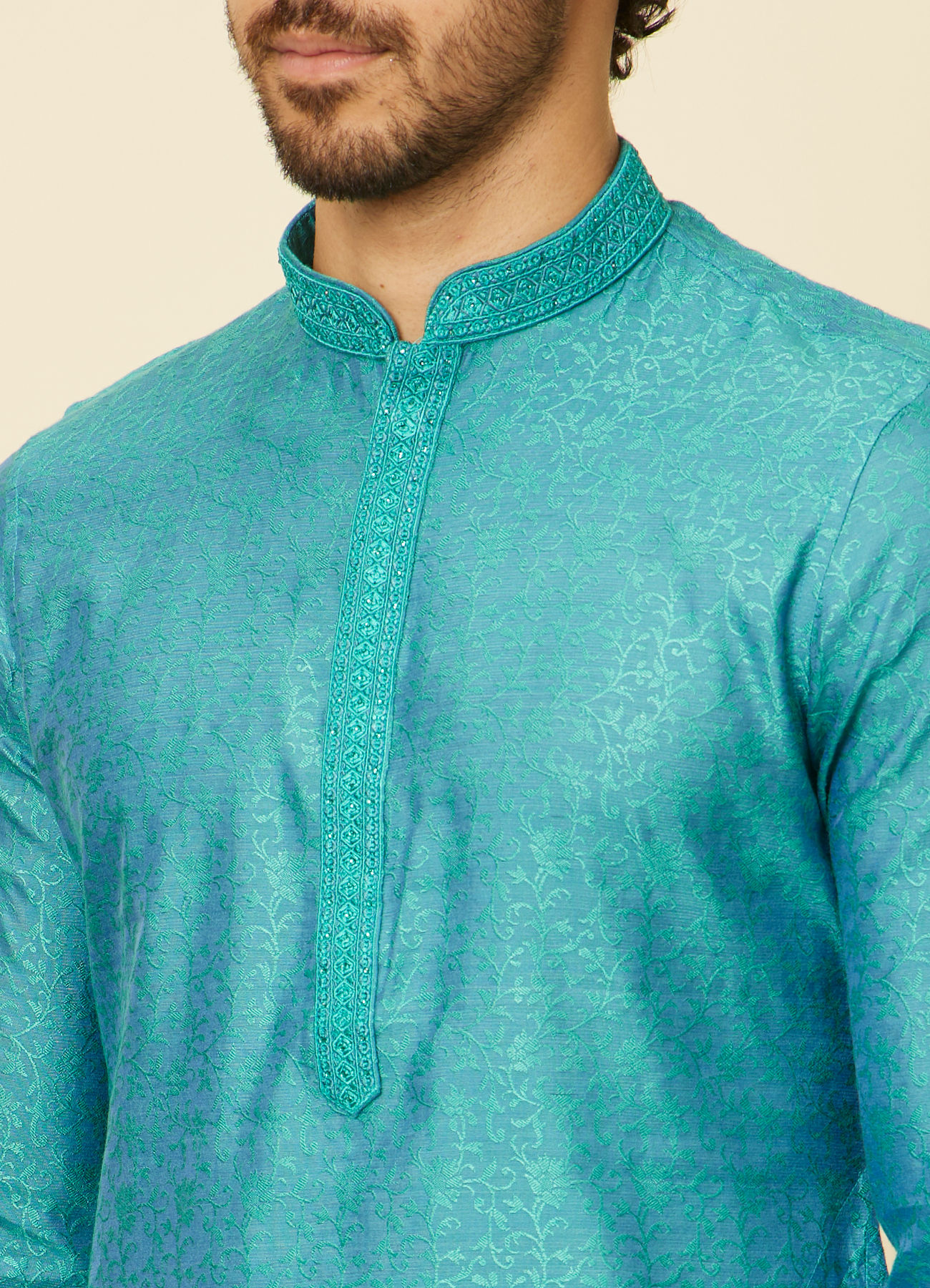 Manyavar Men Turquoise Blue Bel Buti Patterned Kurta Set