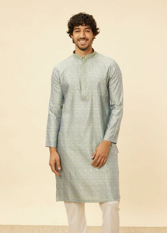 Manyavar Men Glacier Grey Bel Buti Patterned Kurta Set