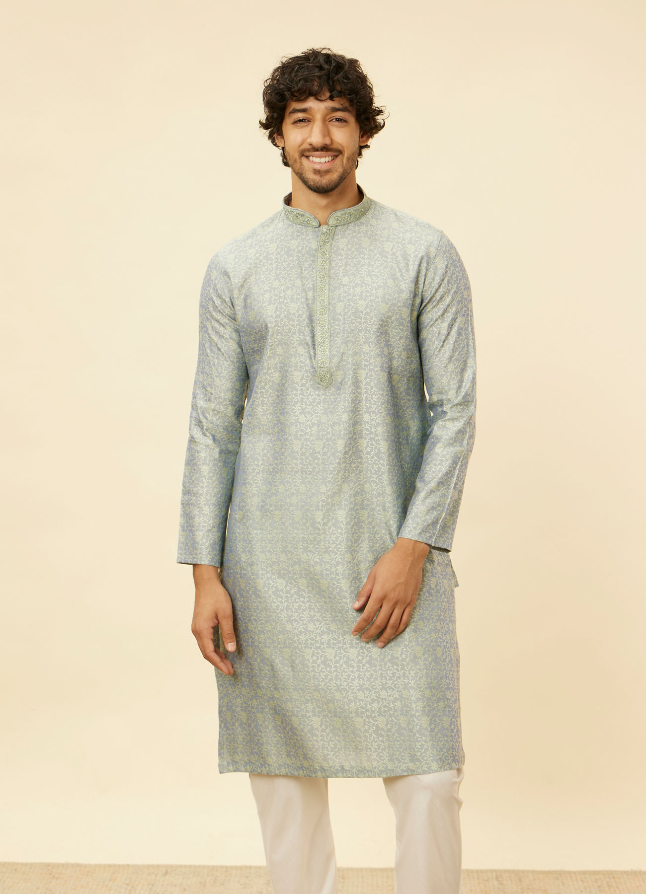 Manyavar Men Glacier Grey Bel Buti Patterned Kurta Set