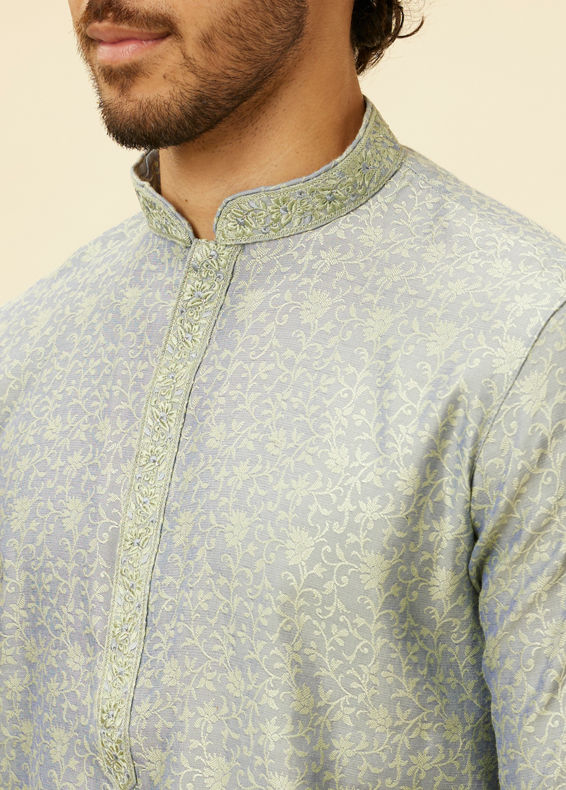 Manyavar Men Glacier Grey Bel Buti Patterned Kurta Set