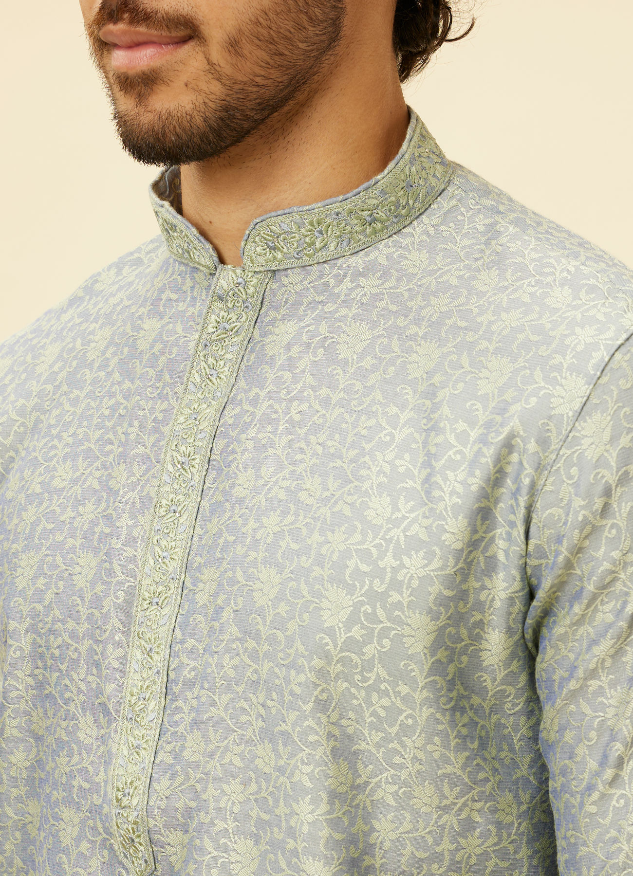 Manyavar Men Glacier Grey Bel Buti Patterned Kurta Set