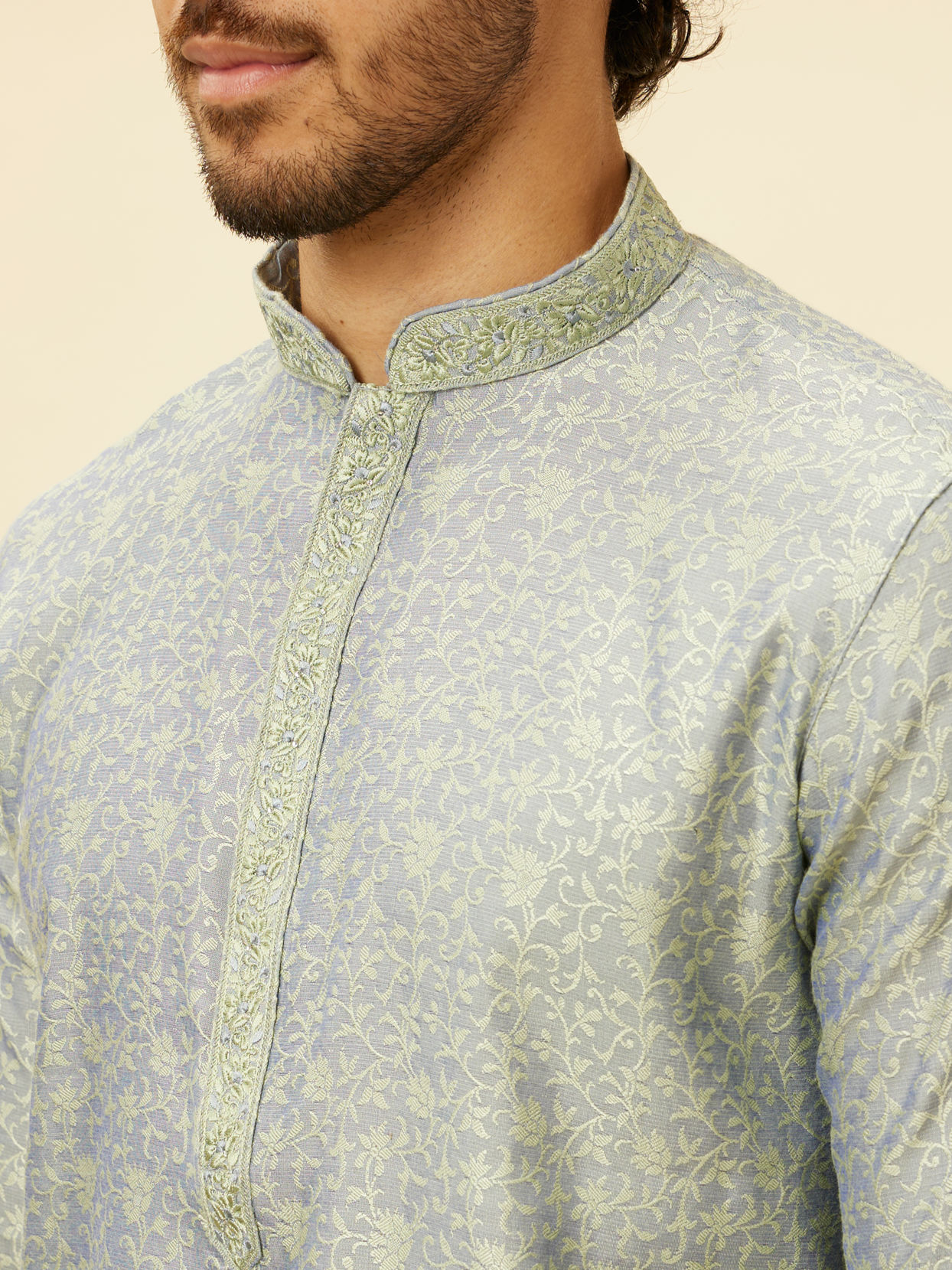 Manyavar Men Glacier Grey Bel Buti Patterned Kurta Set