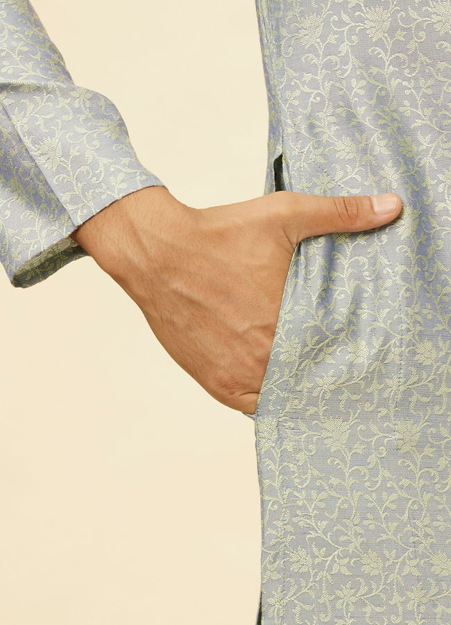 Manyavar Men Glacier Grey Bel Buti Patterned Kurta Set