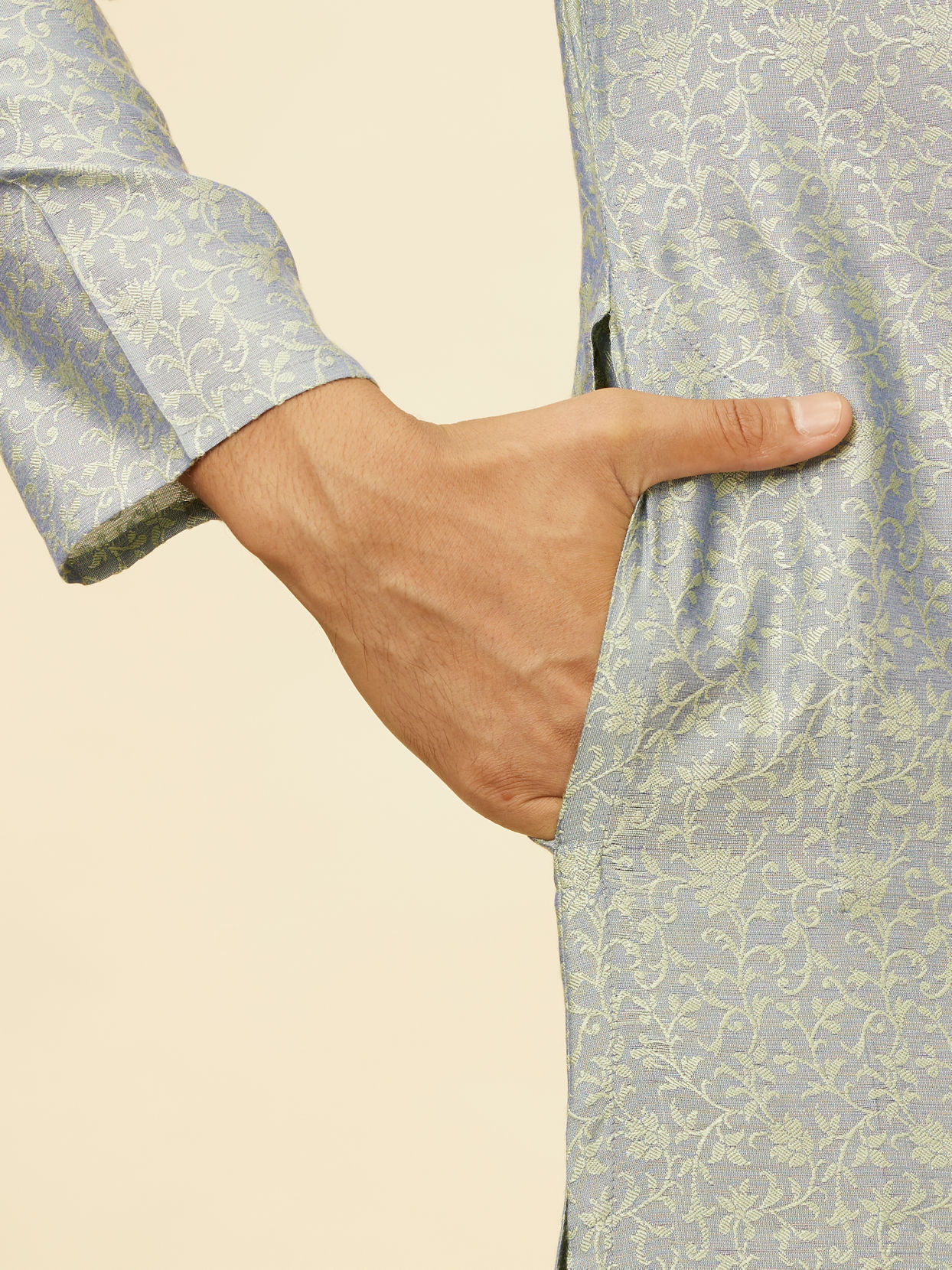 Manyavar Men Glacier Grey Bel Buti Patterned Kurta Set