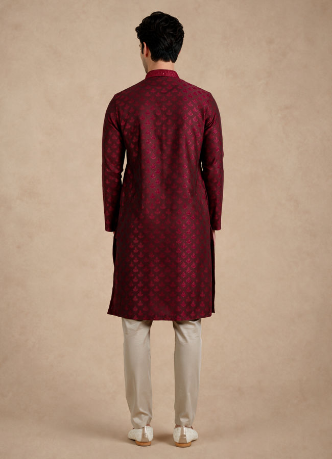 Manyavar Men Maroon Blended Viscose Kurta Pajama with Self-Texture