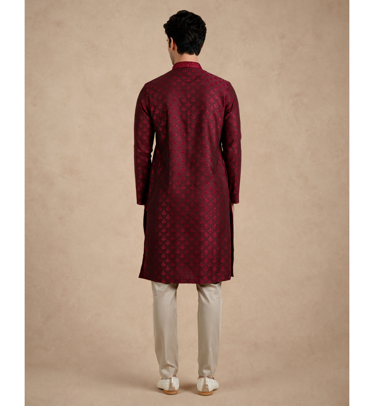 Manyavar Men Maroon Blended Viscose Kurta Pajama with Self-Texture