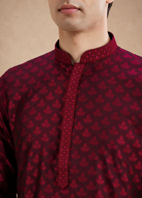 Manyavar Men Maroon Blended Viscose Kurta Pajama with Self-Texture