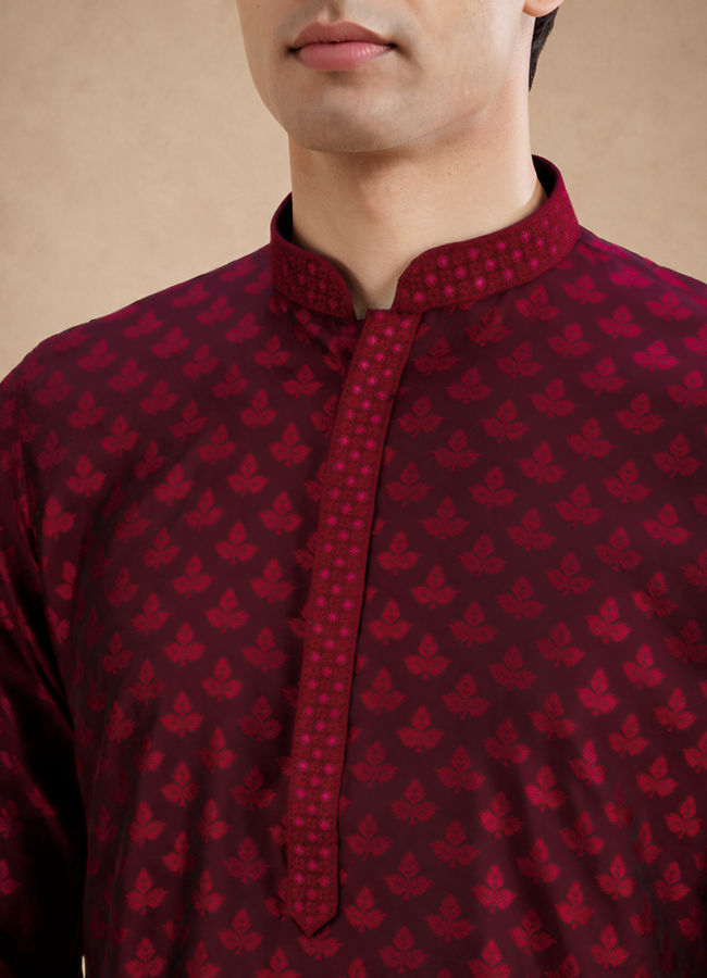 Manyavar Men Maroon Blended Viscose Kurta Pajama with Self-Texture
