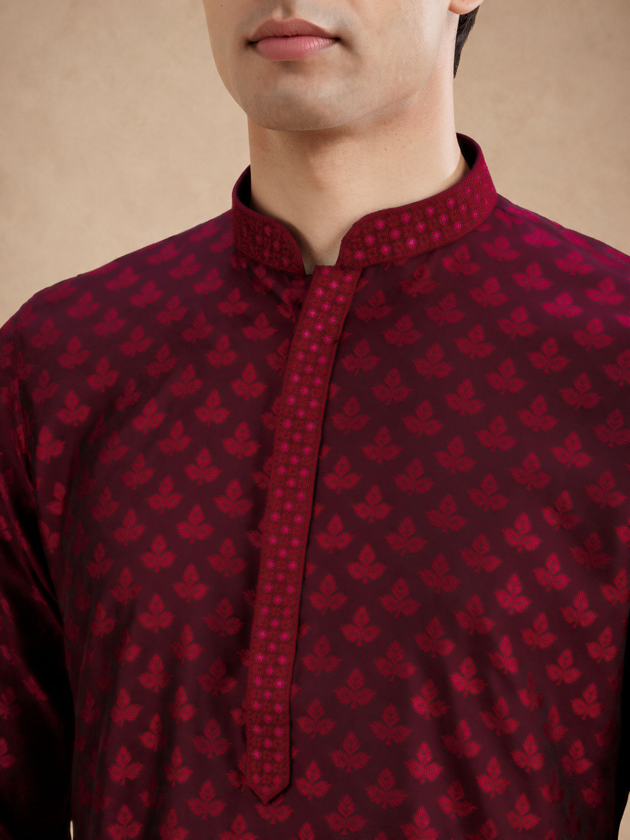 Manyavar Men Maroon Blended Viscose Kurta Pajama with Self-Texture
