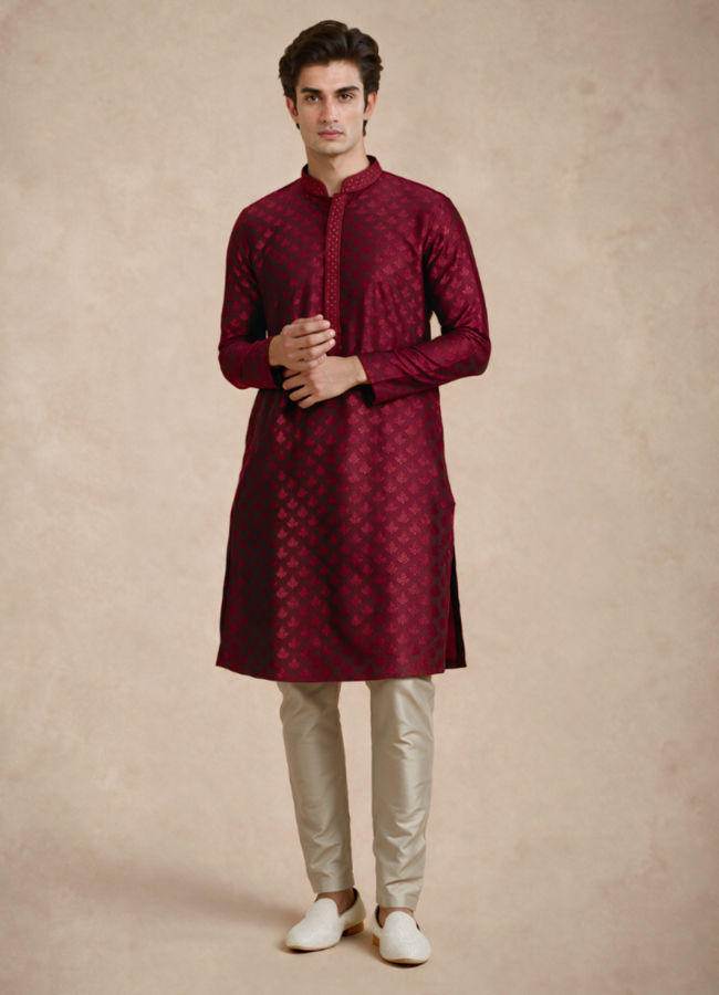 Manyavar Men Maroon Blended Viscose Kurta Pajama with Self-Texture