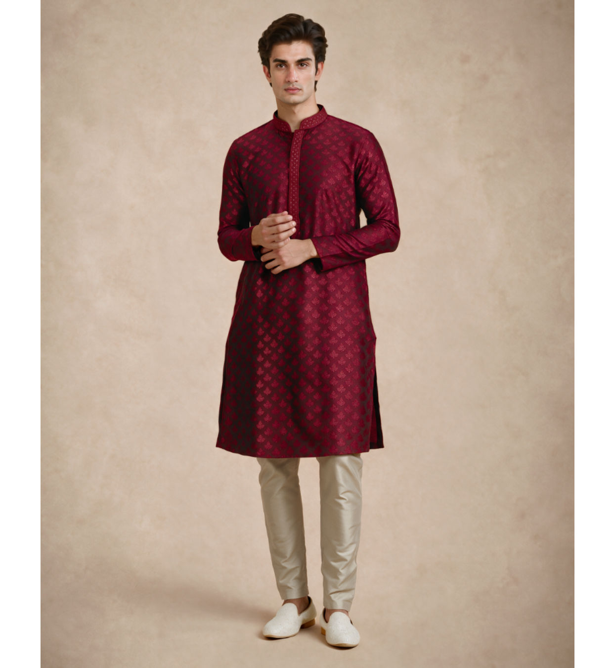 Manyavar Men Maroon Blended Viscose Kurta Pajama with Self-Texture