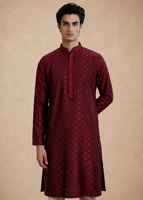 Manyavar Men Maroon Blended Viscose Kurta Pajama with Self-Texture