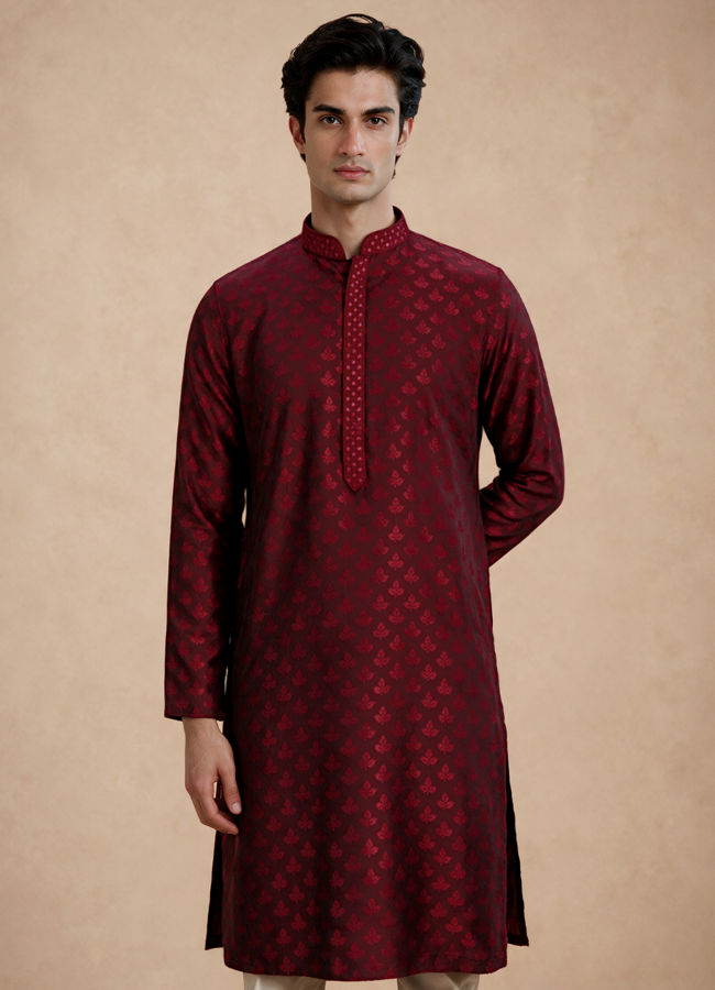 Manyavar Men Maroon Blended Viscose Kurta Pajama with Self-Texture
