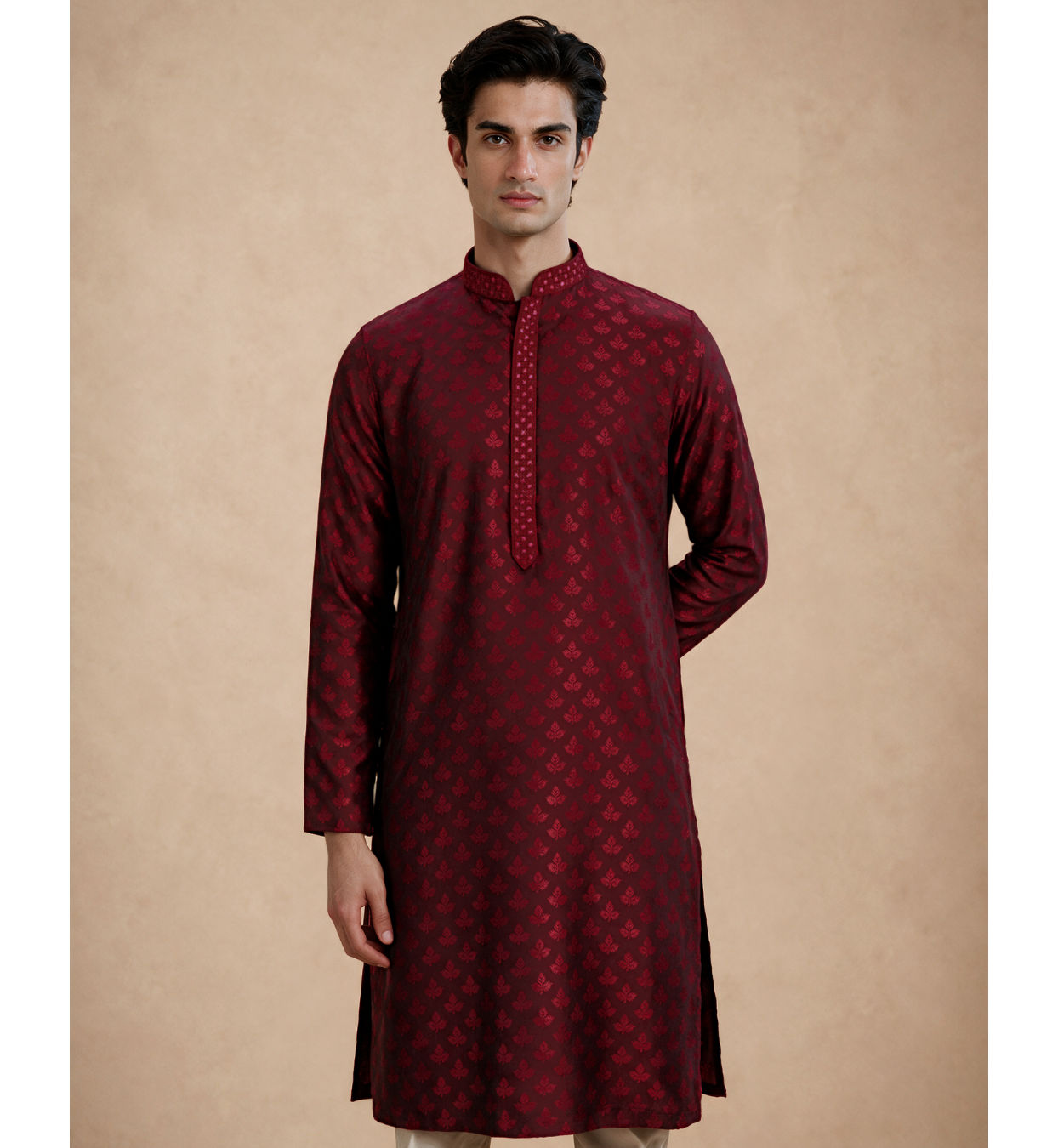 Manyavar Men Maroon Blended Viscose Kurta Pajama with Self-Texture