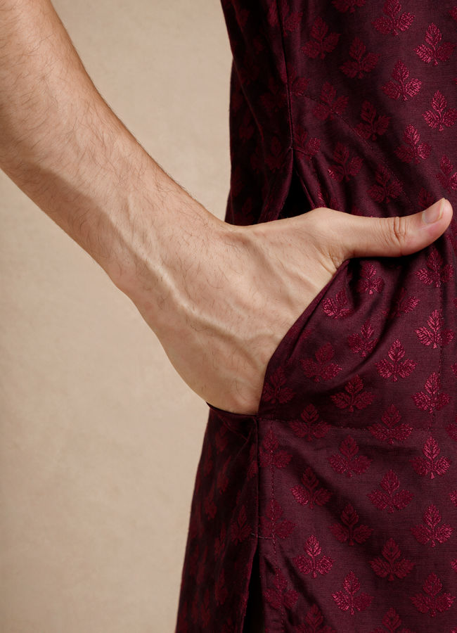 Manyavar Men Maroon Blended Viscose Kurta Pajama with Self-Texture