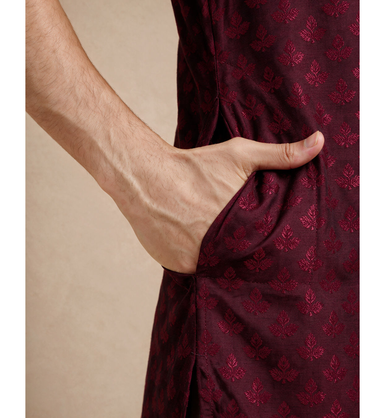Manyavar Men Maroon Blended Viscose Kurta Pajama with Self-Texture