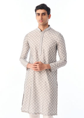 Manyavar Men Light Grey Leaf Patterned Kurta Set