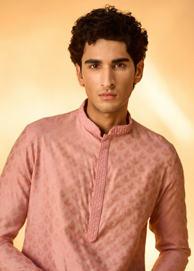 Manyavar Men Raspberry Pink Leaf Patterned Kurta Set