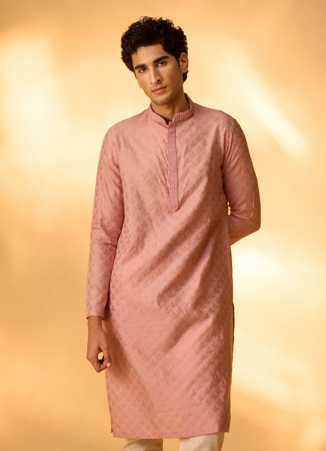 Manyavar Men Raspberry Pink Leaf Patterned Kurta Set