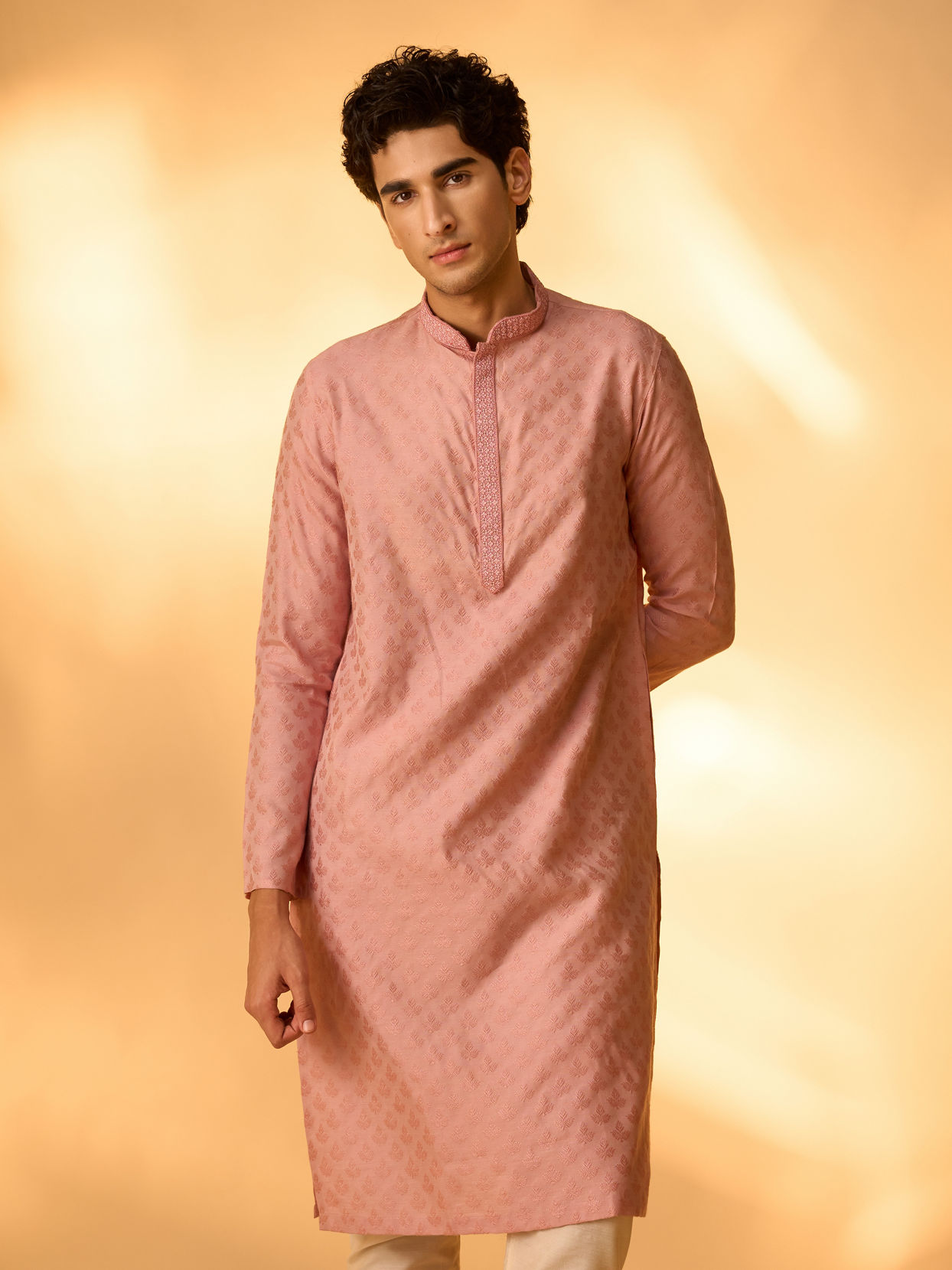 Manyavar Men Raspberry Pink Leaf Patterned Kurta Set