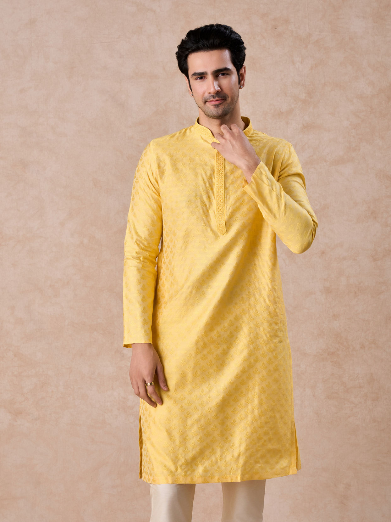 Manyavar Men Elegant Yellow Kurta Pajama Set