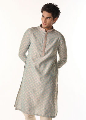 Manyavar Men Powder Blue Leaf Patterned Kurta Set