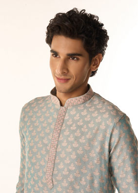 Manyavar Men Powder Blue Leaf Patterned Kurta Set