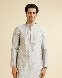 Manyavar Men Light Grey Leaf Patterned Kurta Set