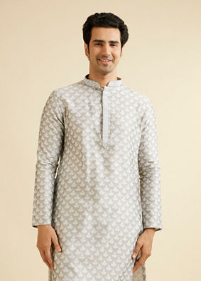 Manyavar Men Light Grey Leaf Patterned Kurta Set image number 0