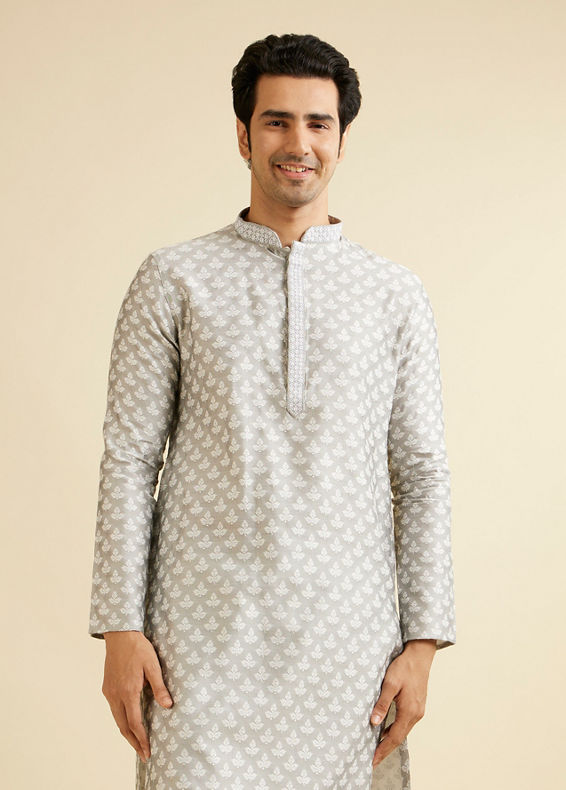 Manyavar Men Light Grey Leaf Patterned Kurta Set