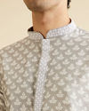 alt message - Manyavar Men Light Grey Leaf Patterned Kurta Set image number 1