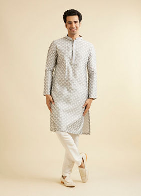 Manyavar Men Light Grey Leaf Patterned Kurta Set image number 2