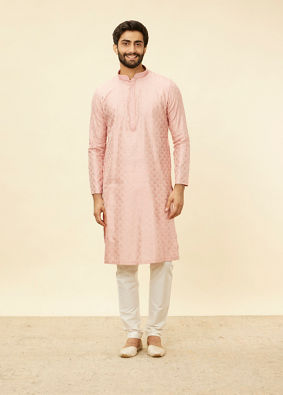 alt message - Manyavar Men Raspberry Pink Leaf Patterned Kurta Set image number 2