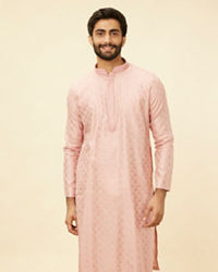 Manyavar Men Raspberry Pink Leaf Patterned Kurta Set