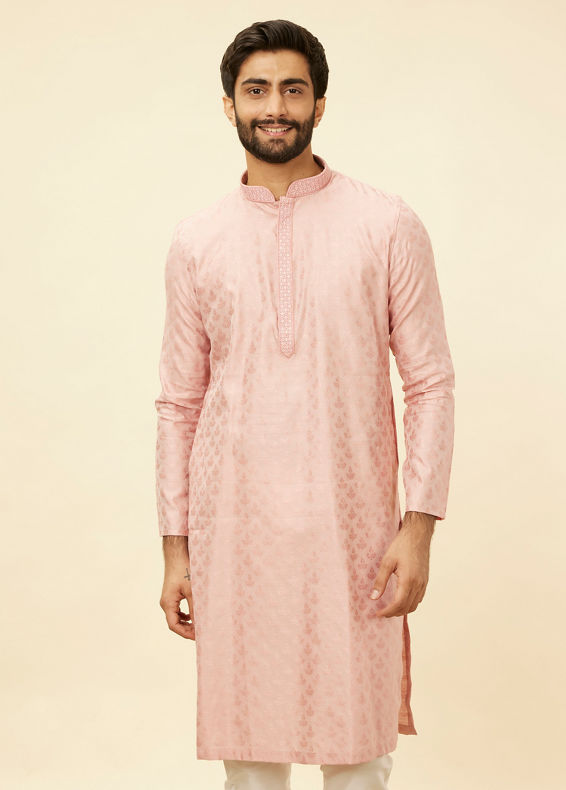 Manyavar Men Raspberry Pink Leaf Patterned Kurta Set