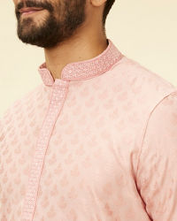 Manyavar Men Raspberry Pink Leaf Patterned Kurta Set